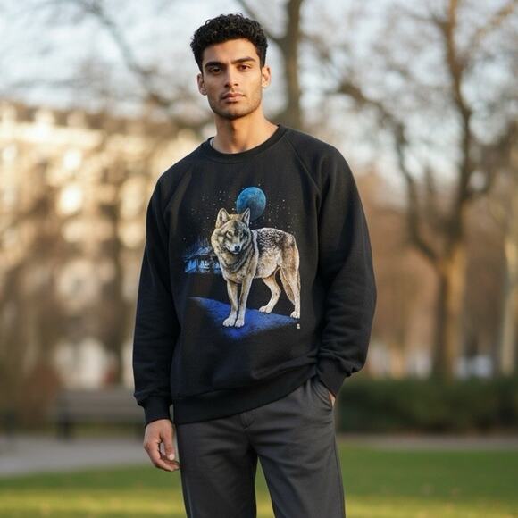 Vintage XL 80s Wolf Moon LSJ Sweatshirt Jerzees Crewneck Black Mens USA - Picture 1 of 12